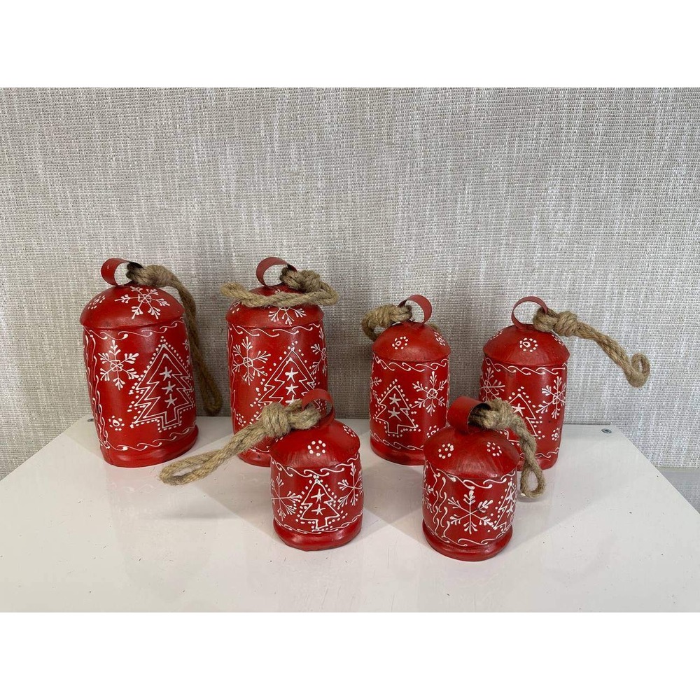 Set of 6 Red Metal Christmas Bells Rustic Farmhouse Decor - 001-1 (1)